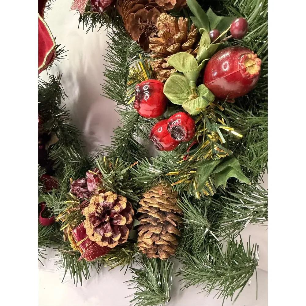 Christmas Wreath Burgundy Velvet Bow Pinecones Apples Berries Holiday Decor